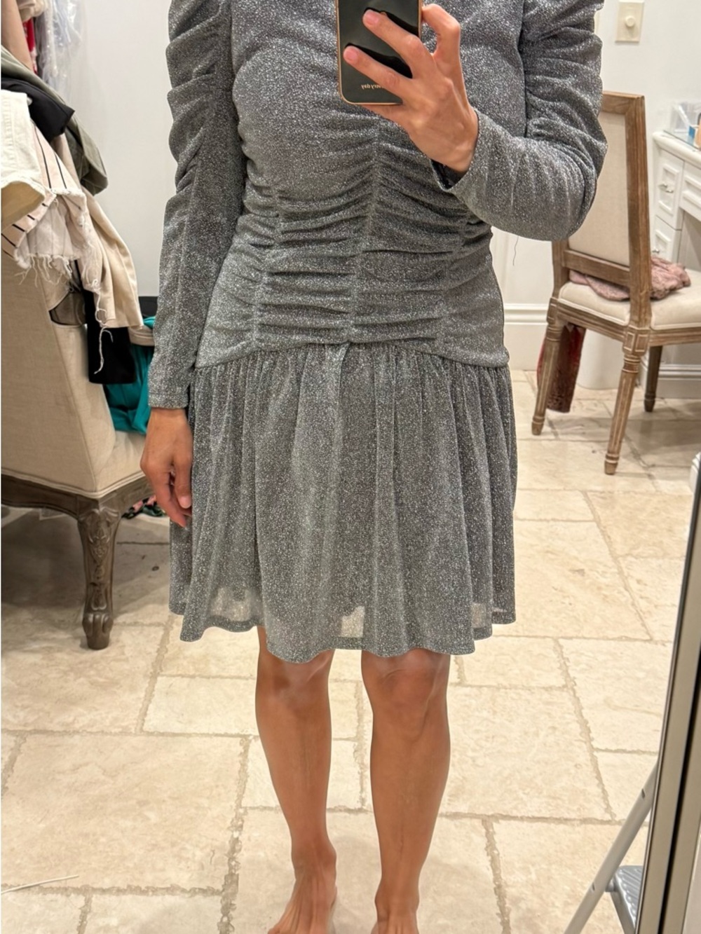 Rebecca Taylor Silver Glitter Ruched Mini Dress